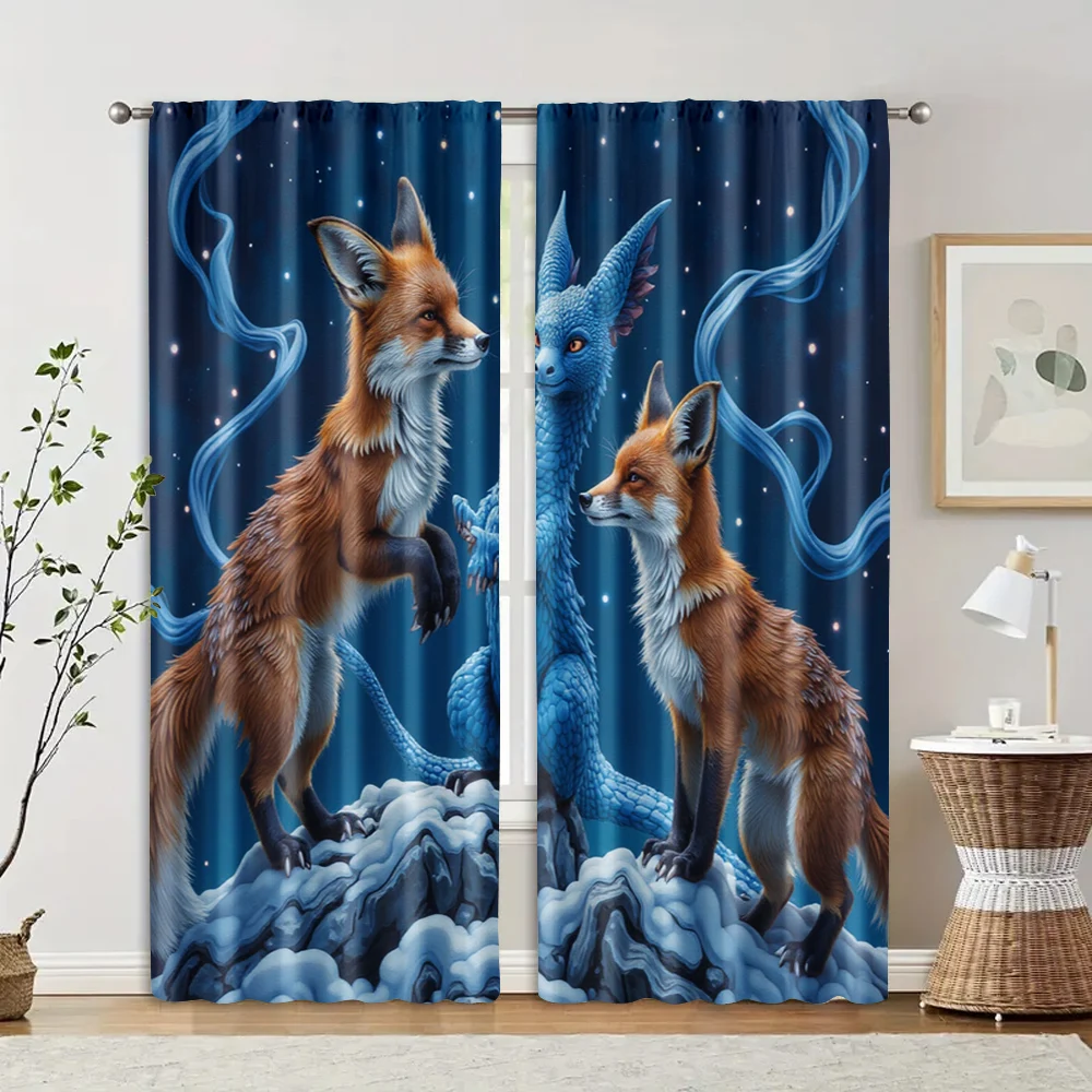 2pcs, Curtains&Window Treatment Fox Cartoon Machine Washable Fabric (without rod) Versatile All Use for Home Decor and Privacy