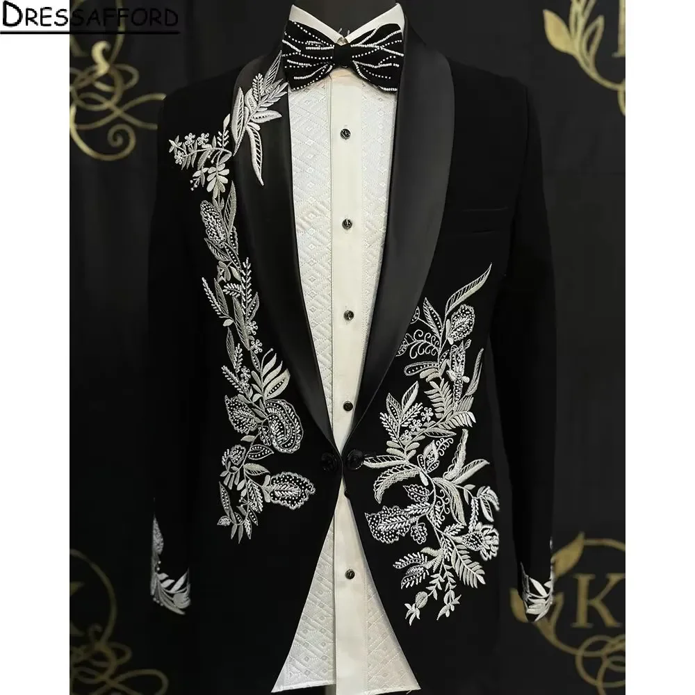 Black Men Suits White Embroidery Groom Wedding Tuxedos 2 Pieces Sets Dinner Prom Blazers Terno Masculino Completo