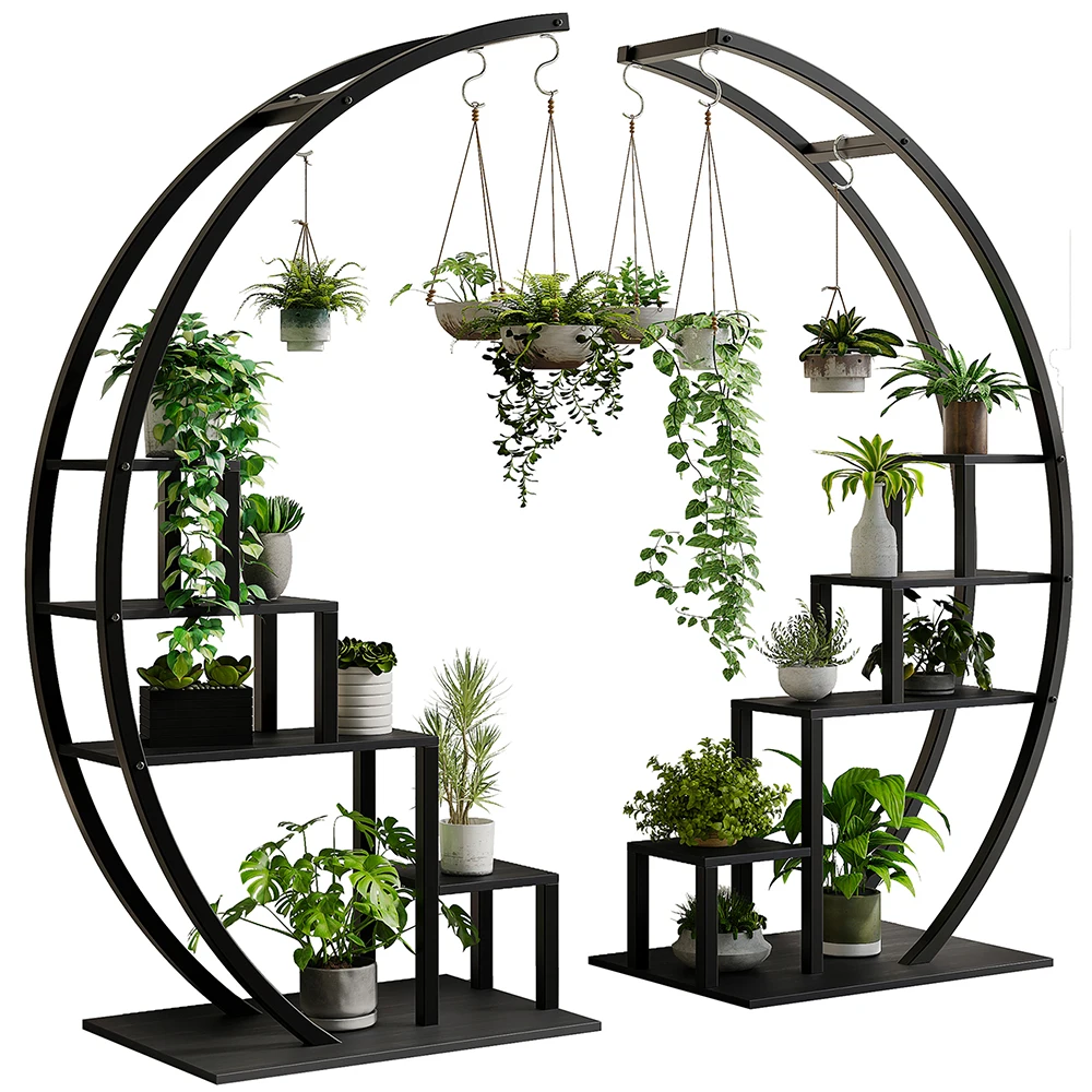 5 Tier Metal Plant Stand Pack of 2, Half-Moon Shape Plant Rack with Hanging Hooks, Tall Ladder Flower Display Shelf, Plant Holder for Home Decor, Garden, Balcony (Black)