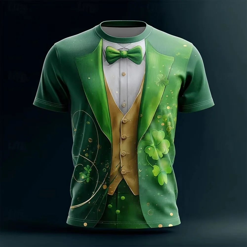 St.Patrick’s Day Fake suit Green 3D Printed Mens Short Sleeve T-Shirt Sports Casual Lucky Clover Tops