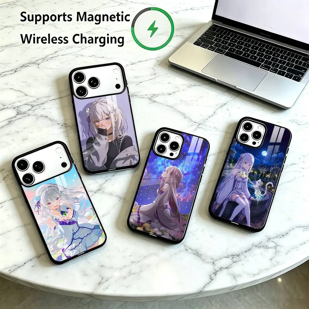 Coque de téléphone Anime Re Zero E-Emilia pour iPhone 18, 17, 16, 15, 14, 13, 12, 11 Plus, Pro, compatible avec la recharge sans fil magnétique, cadeau.