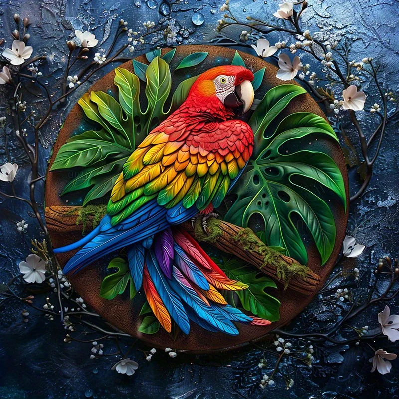 

Waterproof Aluminum Round Wall Art, Tropical Parrot with Vibrant Tail Feathers Perched on Branch, HD Print, Pre-Drilled Holes