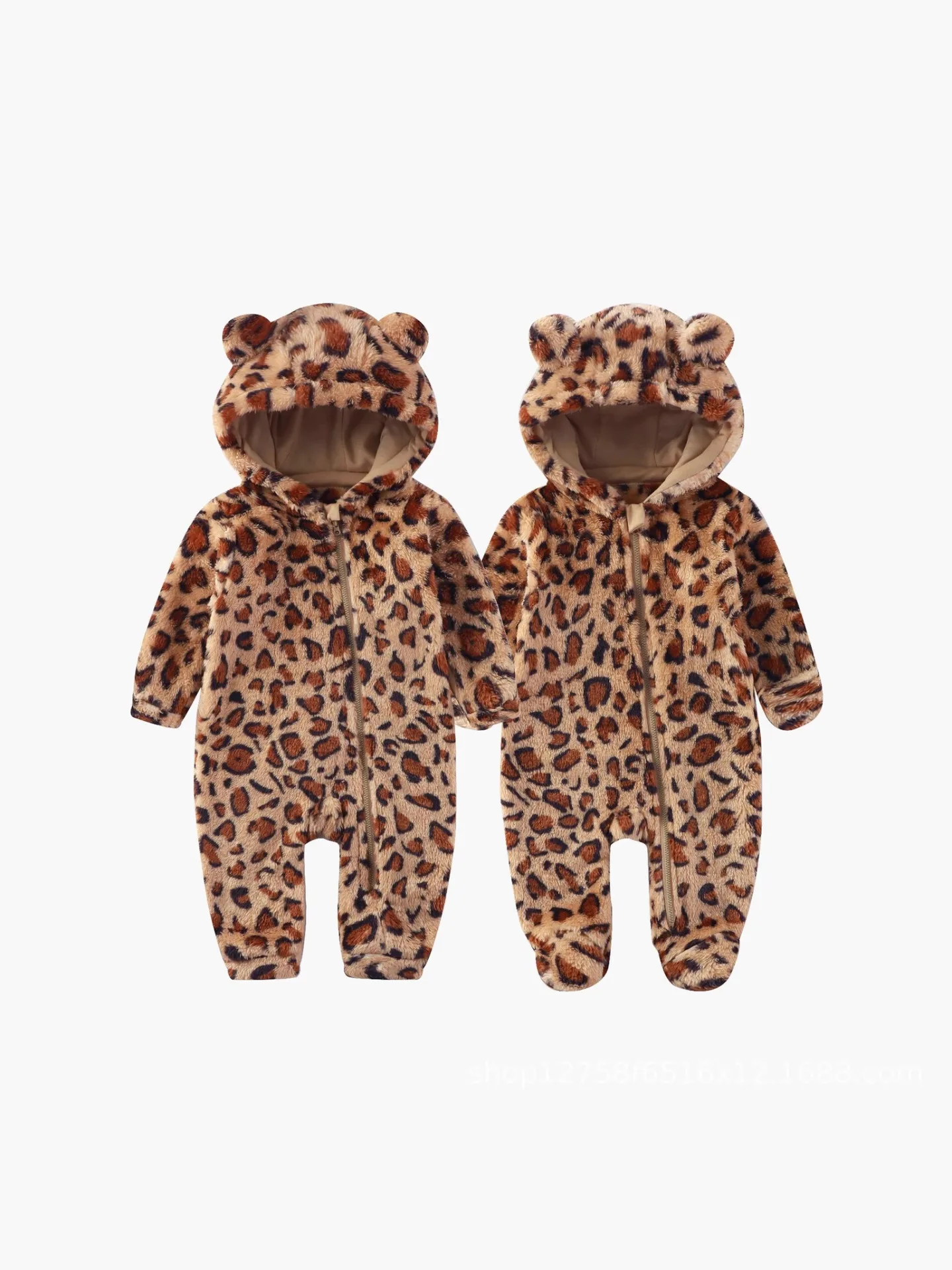 Baby Winter Leopard Print Plush Onesie Cute Ear Design Warm Jumpsuit Newborn Romper for 0-1Y Children