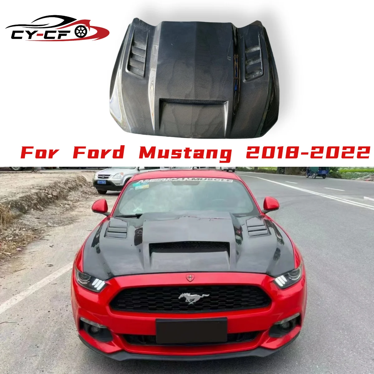 

TF Style Carbon Fiber For Ford Mustang 2015-2017 Hood engine cover Clear Engine Hood Cutout Cooling Front Valve Cover Body Kit