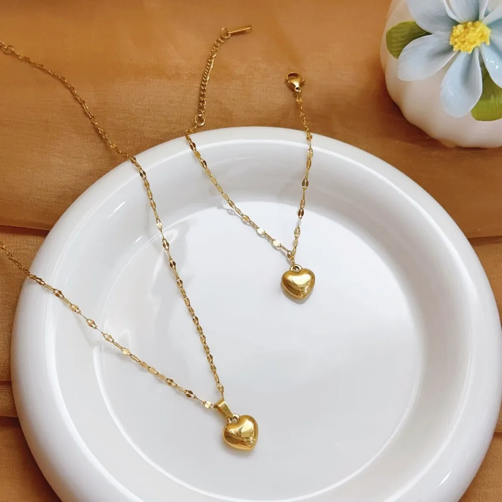 Minimalism Stainless Steel Smooth-surface Stereo Heart-shaped Pendant Necklace Bracelet Set for Women Daily Wear Jewelry Sets