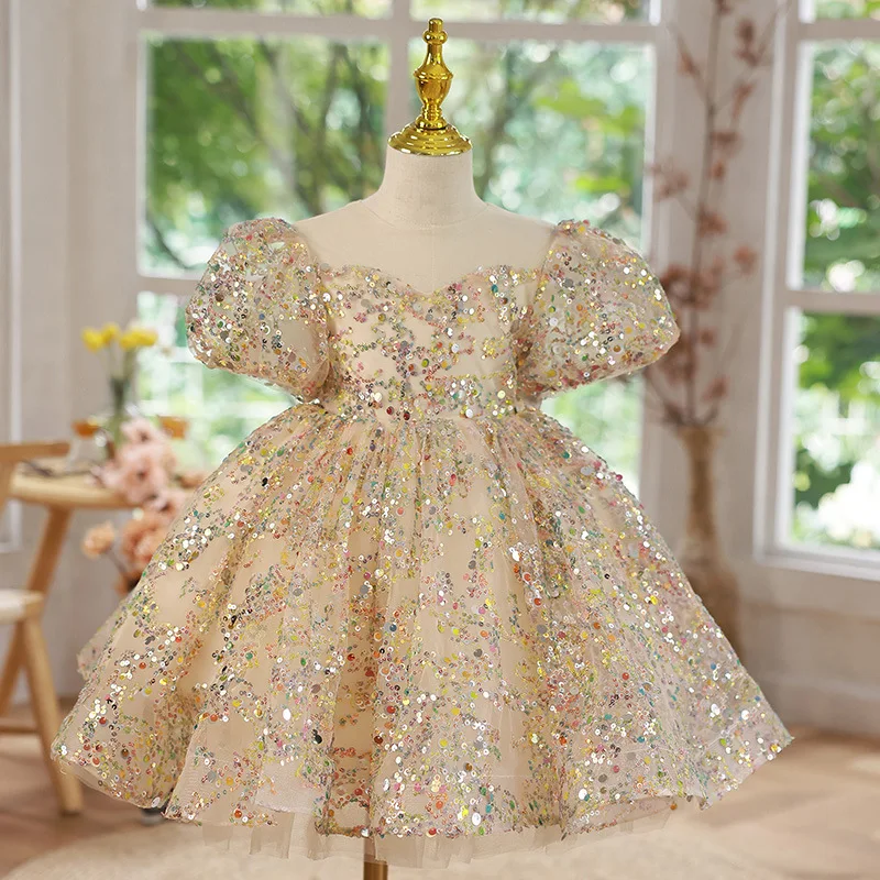 

Child Girls Evening Dresses Champagne Gold Luxury Birthday Party Gown Sequin Pageant Formal Dress Teen Wedding Prom Frock