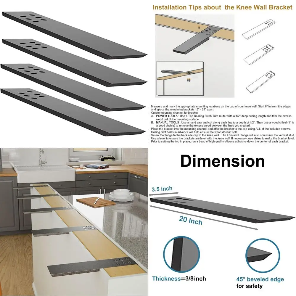 

Heavy-Duty 4-Pack Black Metal Countertop Brackets, 20 Wide, for Floating Counters, Supports Quartz, Granite, Wood, Concrete, Inc