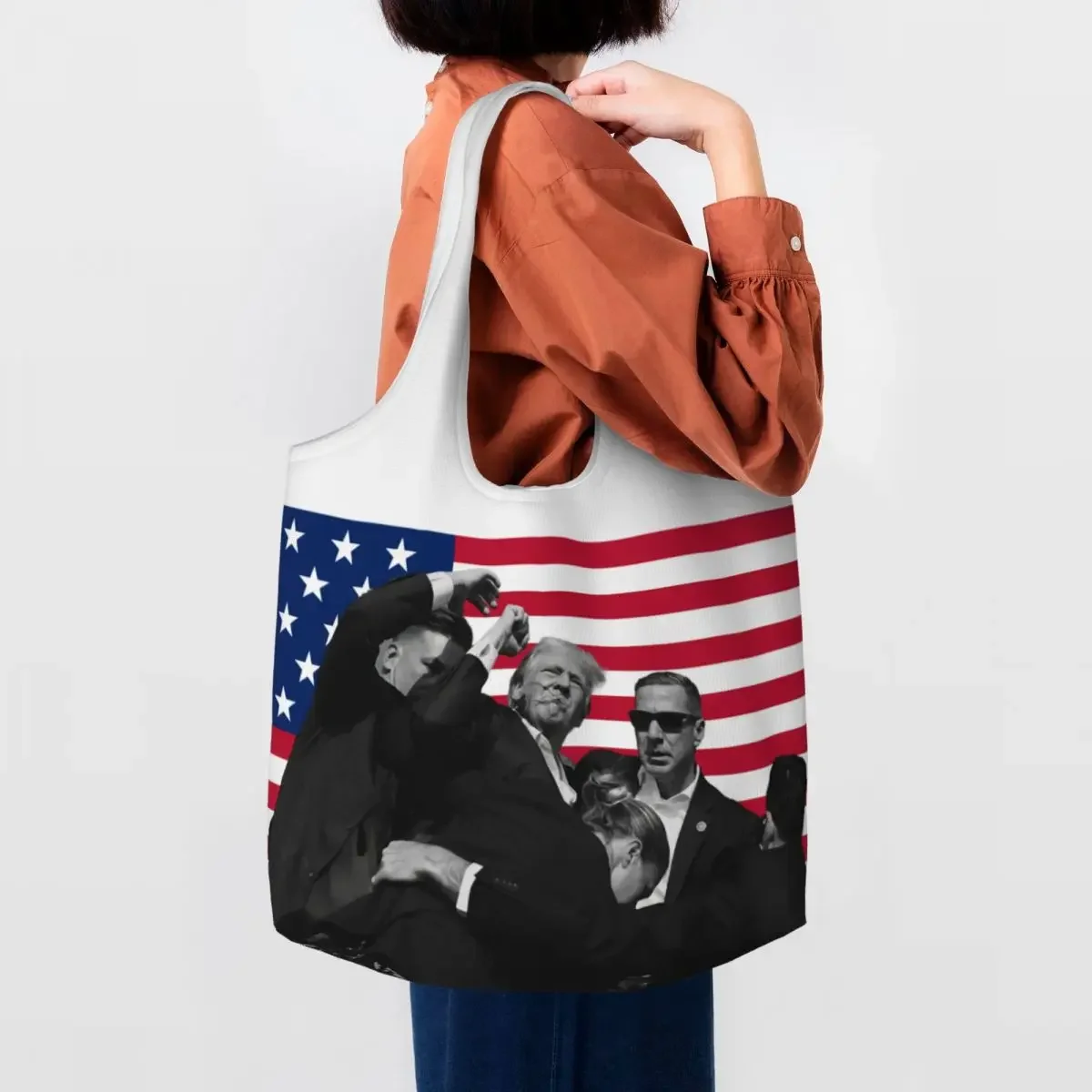 

Custom Cute Print Trump Will Be Back Tote Shopping Bag Reusable Canvas Shopper Shoulder American USA Handbag