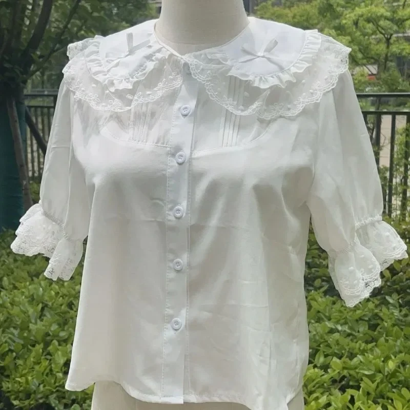 

Short Sleeve Sweet Blouse Women's Clothes Lolita Style Japanese Shirts Peter Pan Collar White Cute Blouses Tops Camisas De Mujer