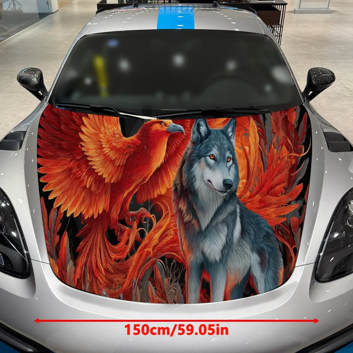 Blazing Phoenix and Grey Wolf Car Vinyl Wrap, PVC Material Waterproof Car Hood Sticker, Self-Adhesive Scratch-Resistant Stickers