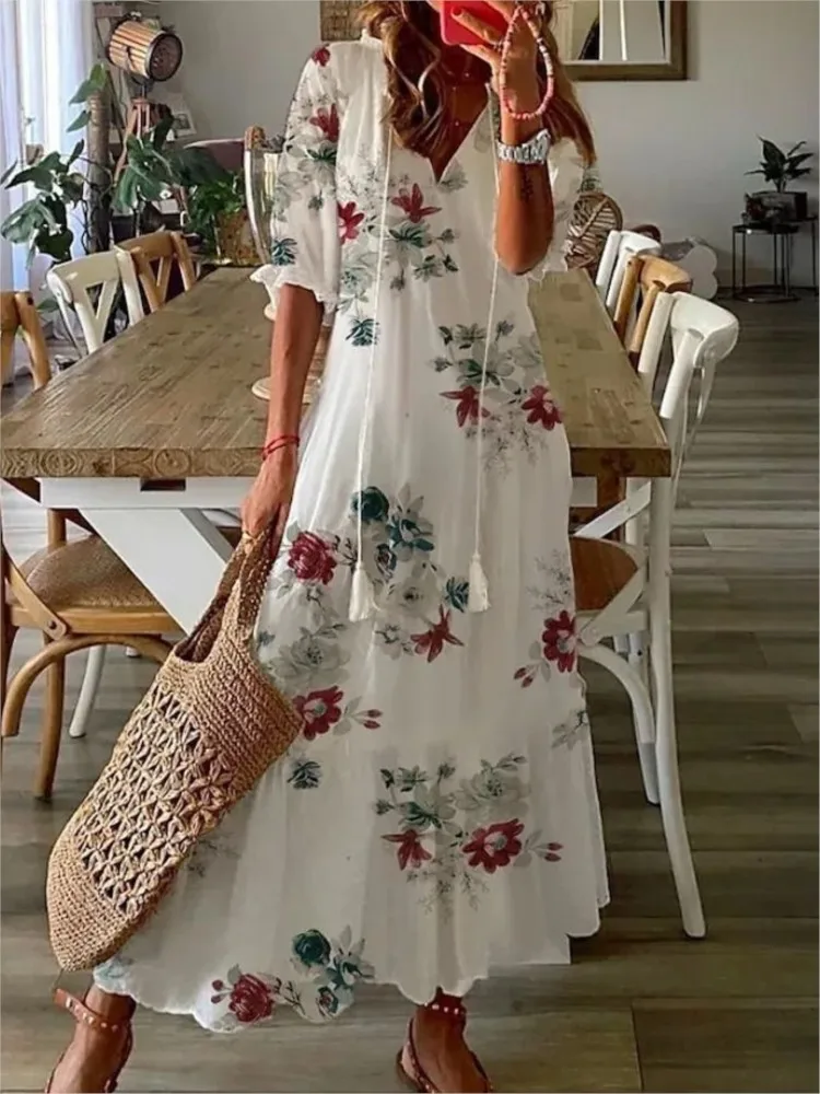 Women\'s 2024 Spring Summer New Casual Sweet Loose Sexy V-neck Fashion Printed Hanging Beard Middle Sleeve Long Dress