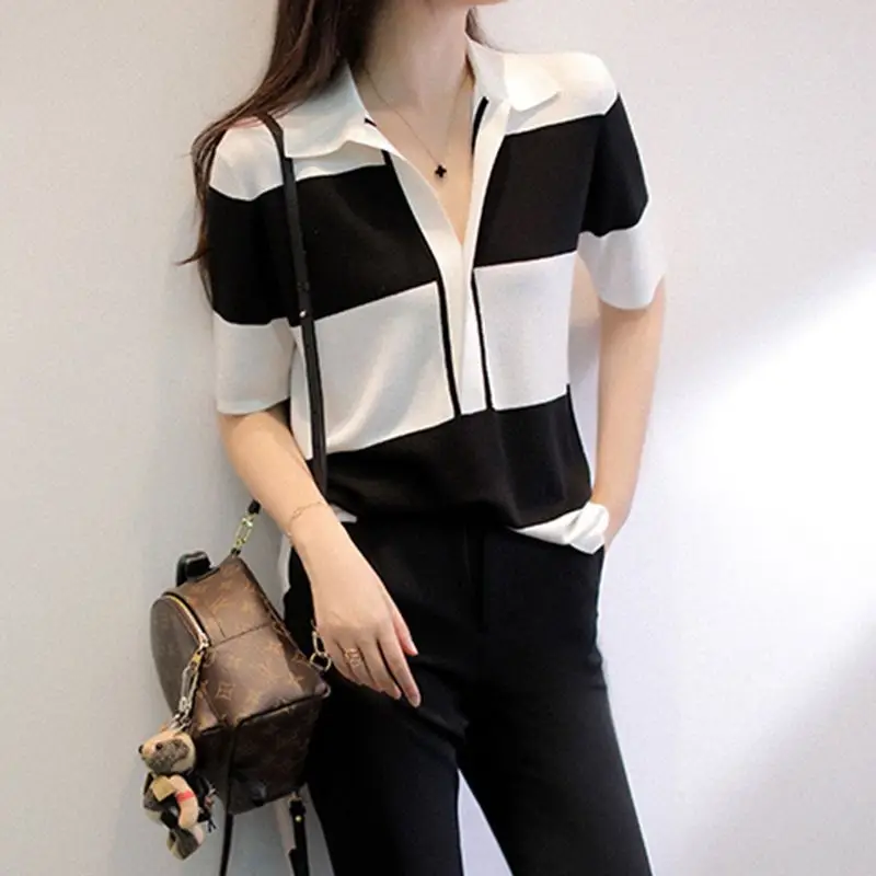 

Loose Casual Short Sleeves Ice Silk Knitted Sweater for Women's Summer New High-end Contrasting Striped Versatile T-shirt Top