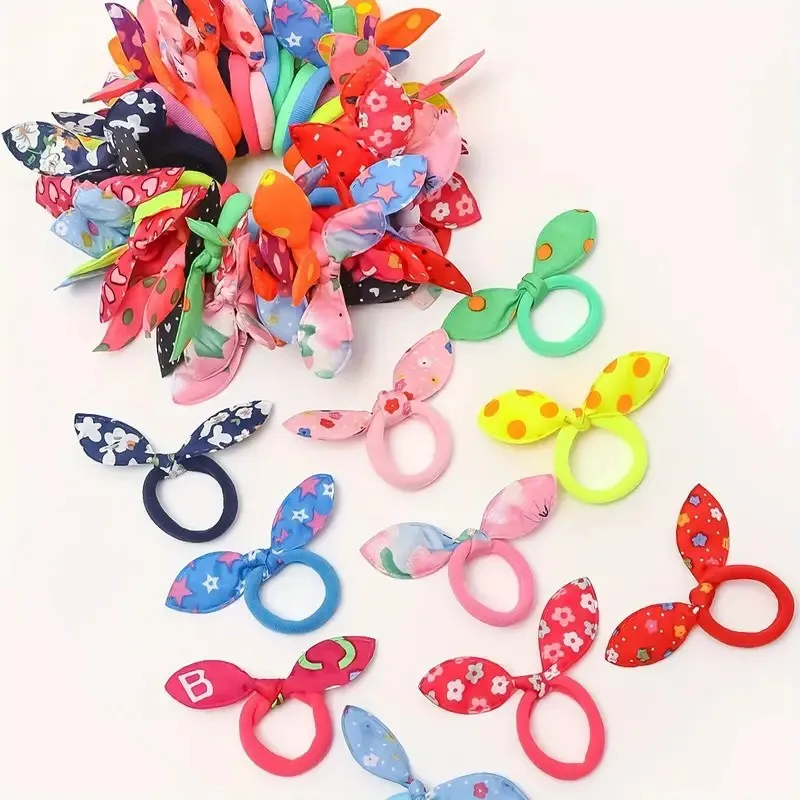 Random color 15/30pcs Flower Bunny Ears Headband, Cute Fabric Butterfly Knot Hair String, Elastic Band, Hair Fixer for Girls/Chi