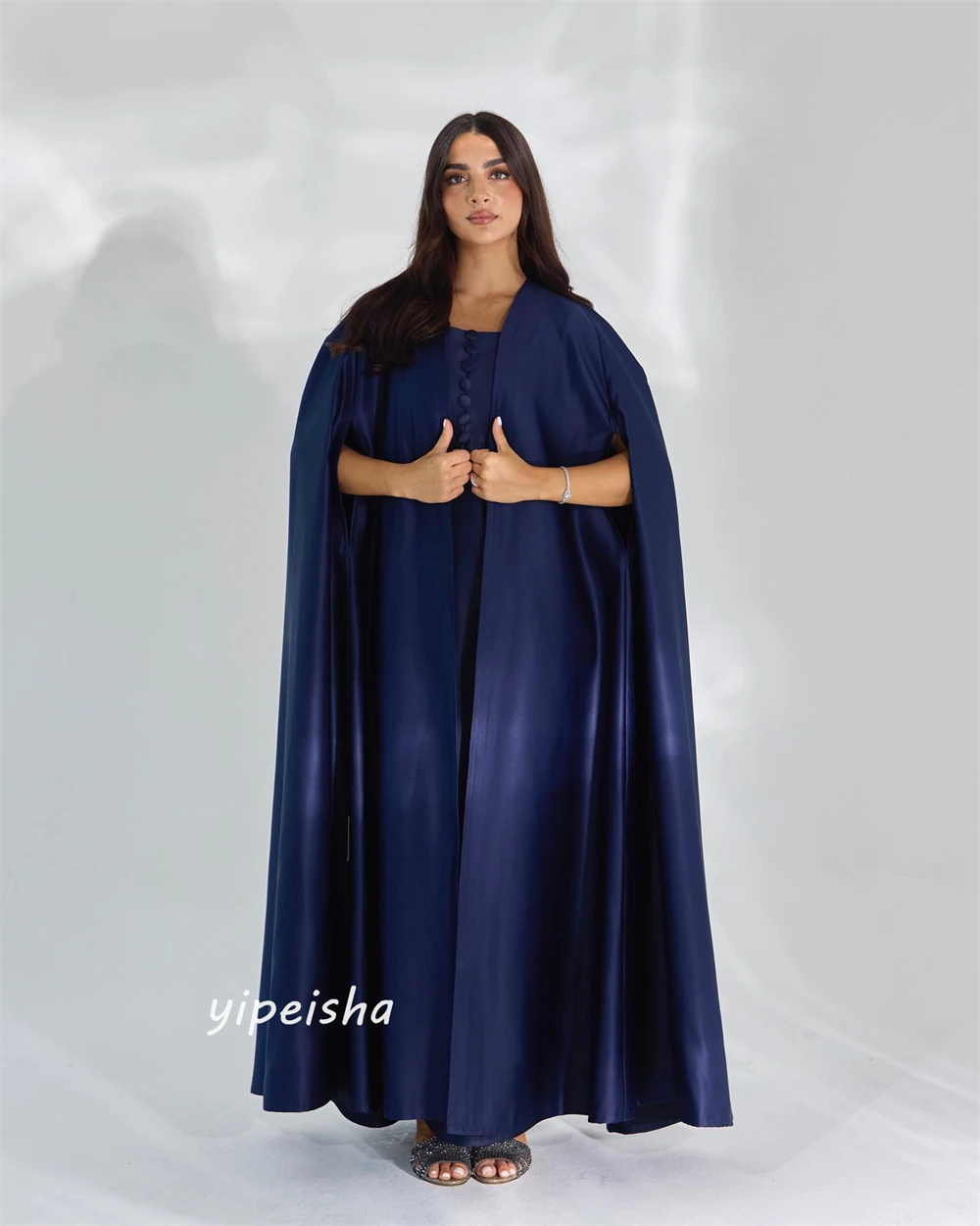 Jiayigong-Praça Neck Draped Natal A-Line cetim vestidos, tornozelo-comprimento, botão, Bespoke Ocasião