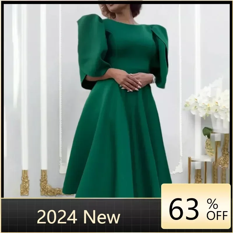 

African Clothing African Party Evening Dresses for Women Spring 2024 Elegant Half Sleeve Purple Green Blue O-neck Midi Dress