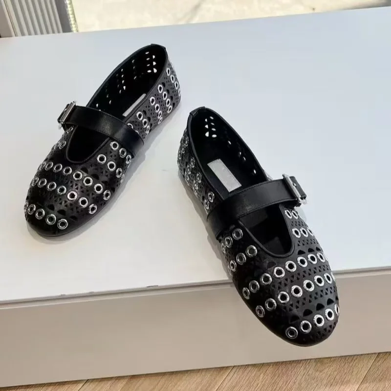 Designer Brand Original Round Head Mesh One Word Buckle Ballet Shoes Water Diamond Flat Shoes Riveted Hollow Mary Jane Shoes