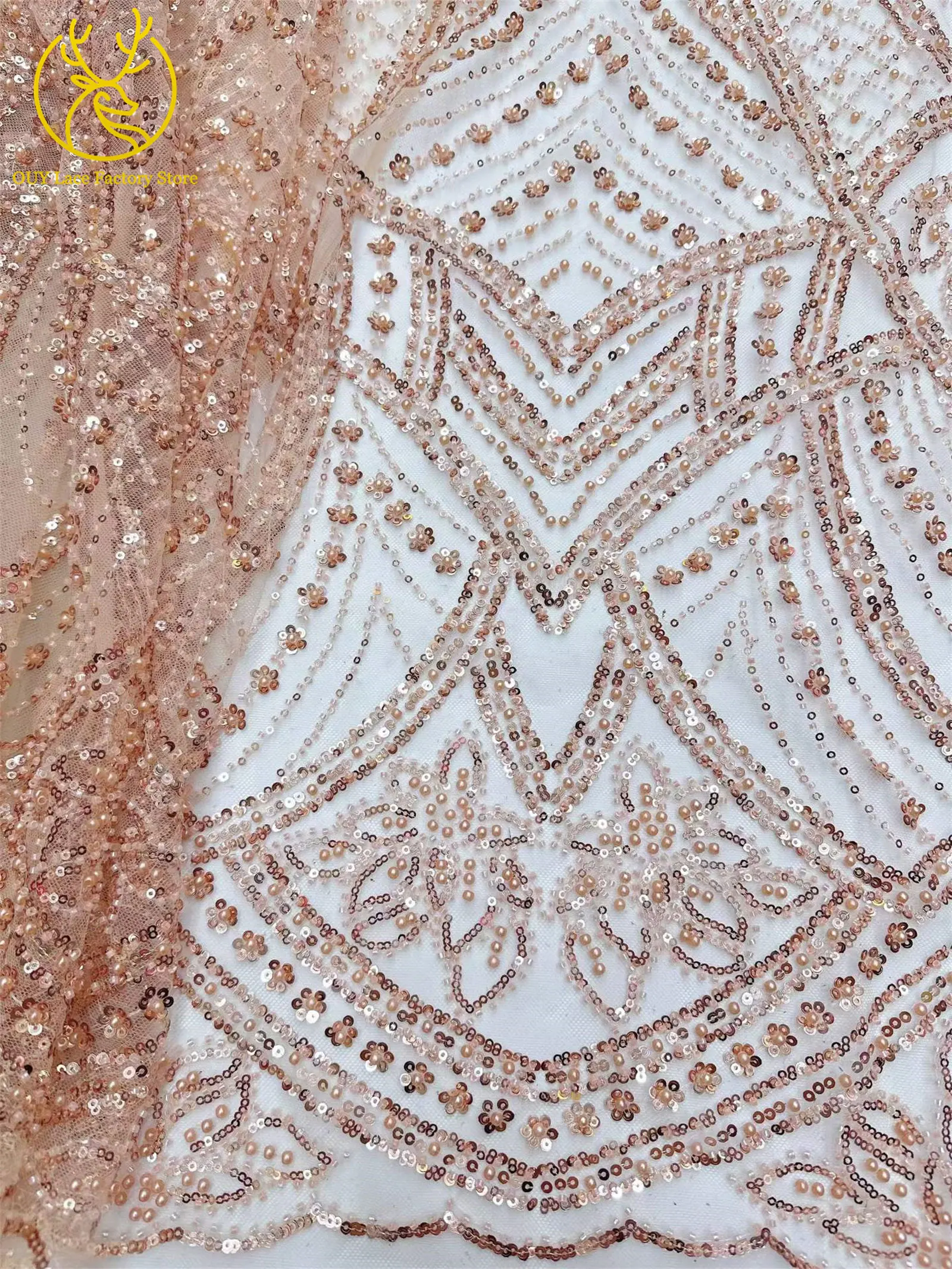 Hellgoldener, luxuriöser nigerianischer Tüll mit Perlen und Pailletten, Spitzenstoff 2026, hochwertiger afrikanischer Spitzenstoff zum Nähen von Hochzeitskleidern – Detail 27