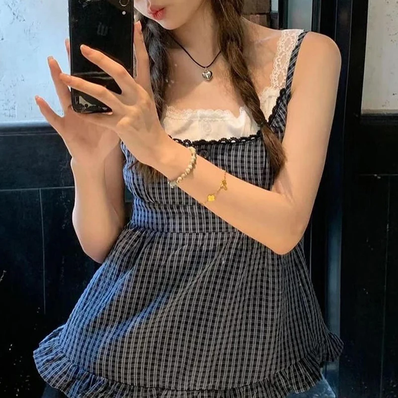 Darlingaga Korean Fashion Y2K Aesthetic Summer Camisole Tops Plaid Fake Two Pieces Patched Lace Trim Tank Top Ruffles Cutecore