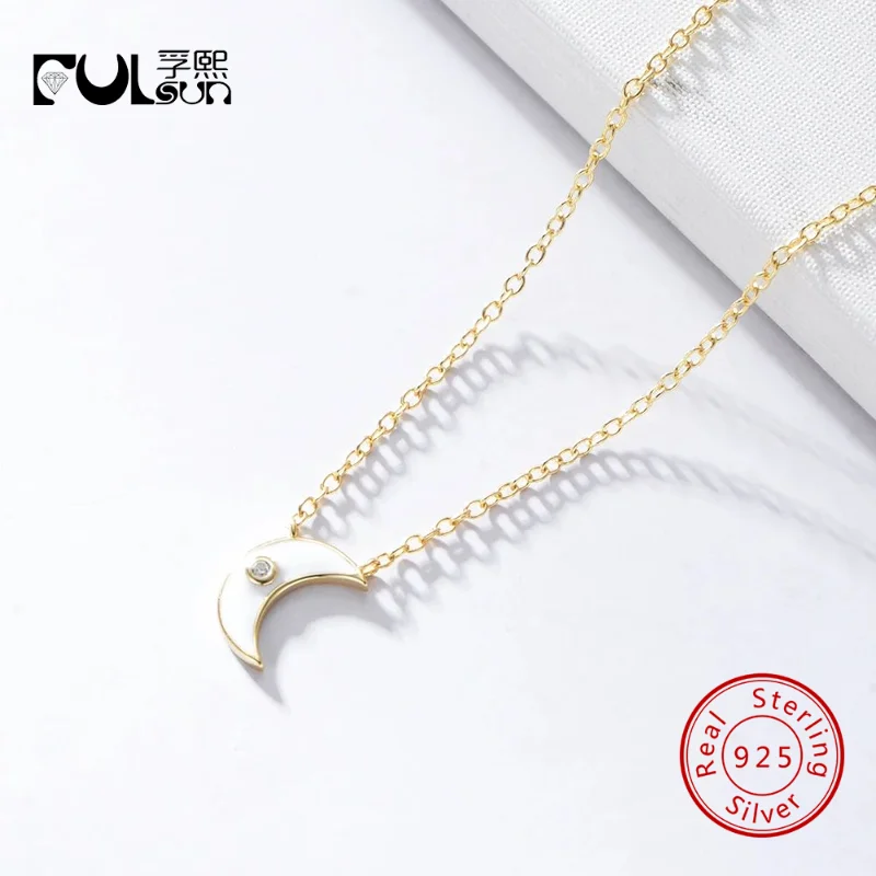 

925 Sterling Silver 14K Gold Plated Multicolor Enamel Crescent Moon Pendant Necklace Women Tiny Single CZ Dainty Lunar Jewelry