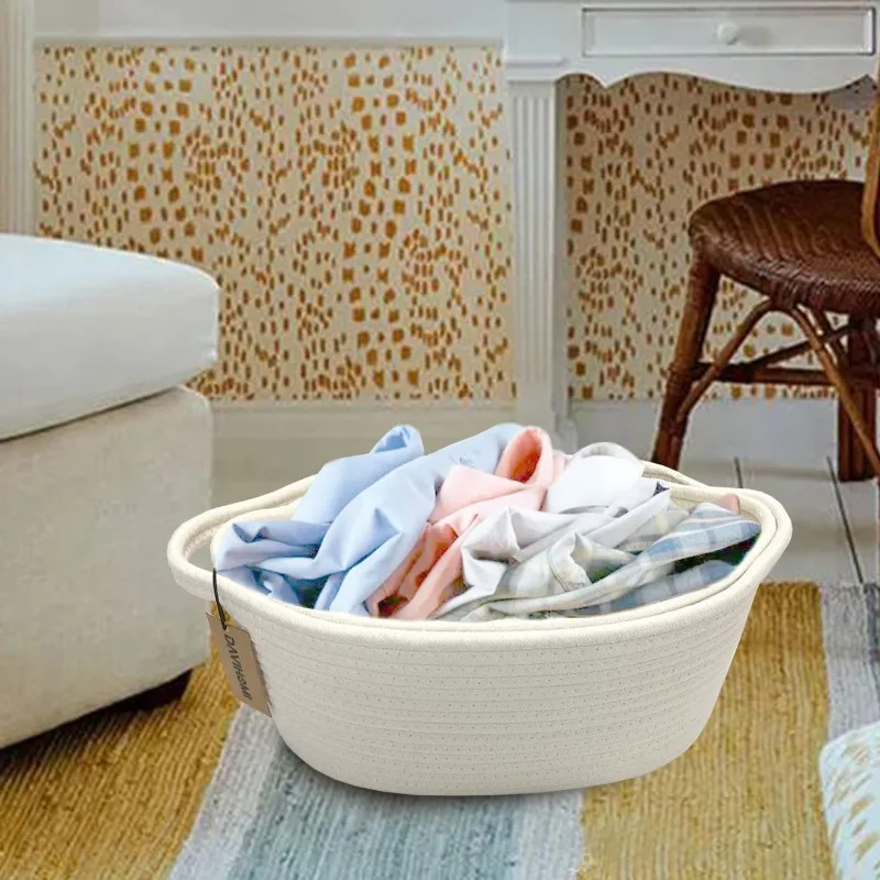 Eco-friendly small woven storage basket foldable modern design, cotton rope handle ideal for closet shelf organization