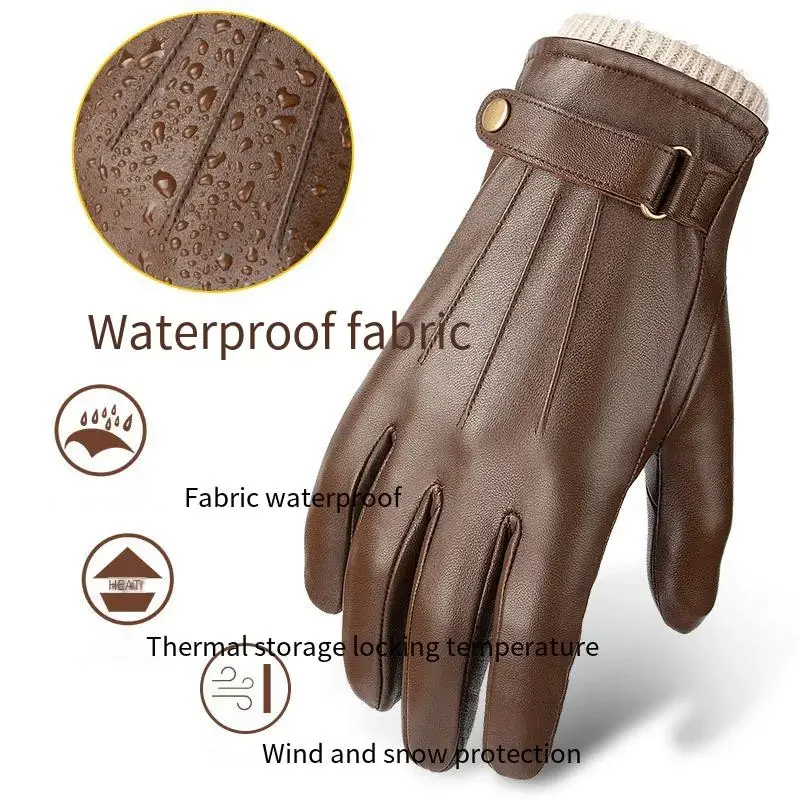 2026 Leather Warm Gloves Men Fashion Waterproof Faux Driving Thin for Touch Screen Brown Guantes Мотоперчатки Кожаные