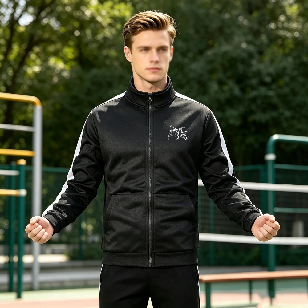 Men's Colorblock Patchwork Stand Collar Jacket Fitness Athlete Print with Pocket Fall Spring Warm Long Sleeve Zip Up Coat Tops