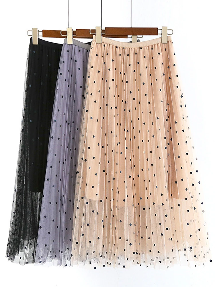 2023 New Spring Summer Ladies Polka Dot Long Skirt High Waist Casual Loose Pleated Skirt Female Elastic Waist Maxi Skirt