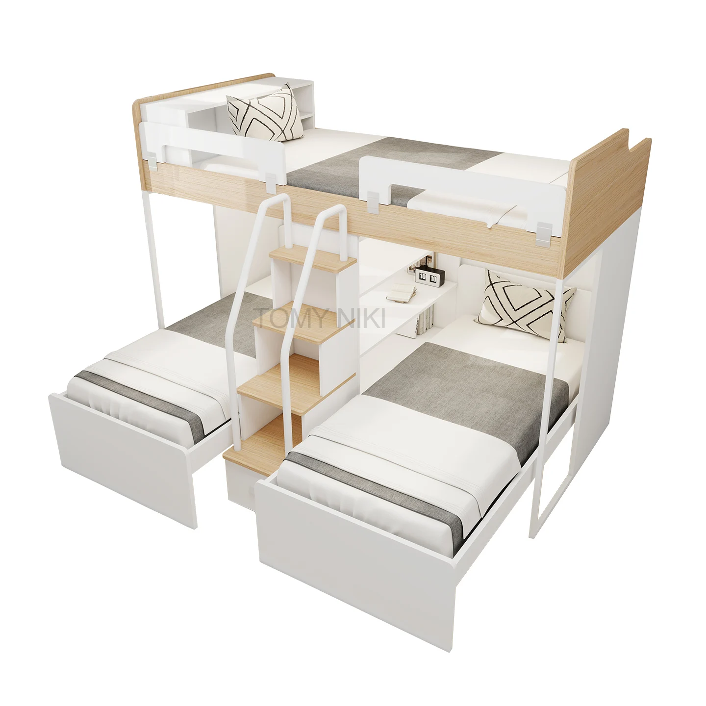* Modern Loft Bedroom Furniture for Hotels Schools Home Comfortable MDF Triple Bunk Bed with Ladder