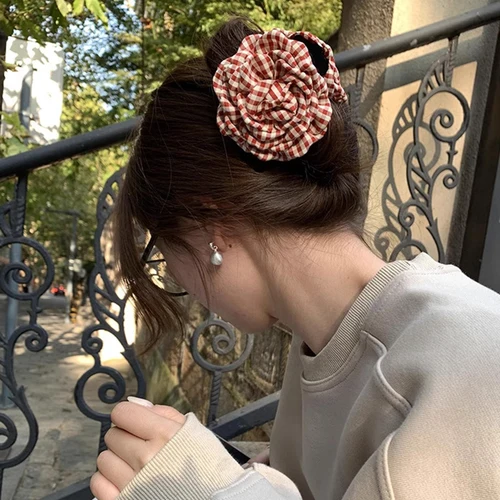 Patrón de rejilla de pinza de pelo de flor a cuadros Vintage, horquilla Simple de alta gama, accesorio para el cabello coreano INS de flores grandes