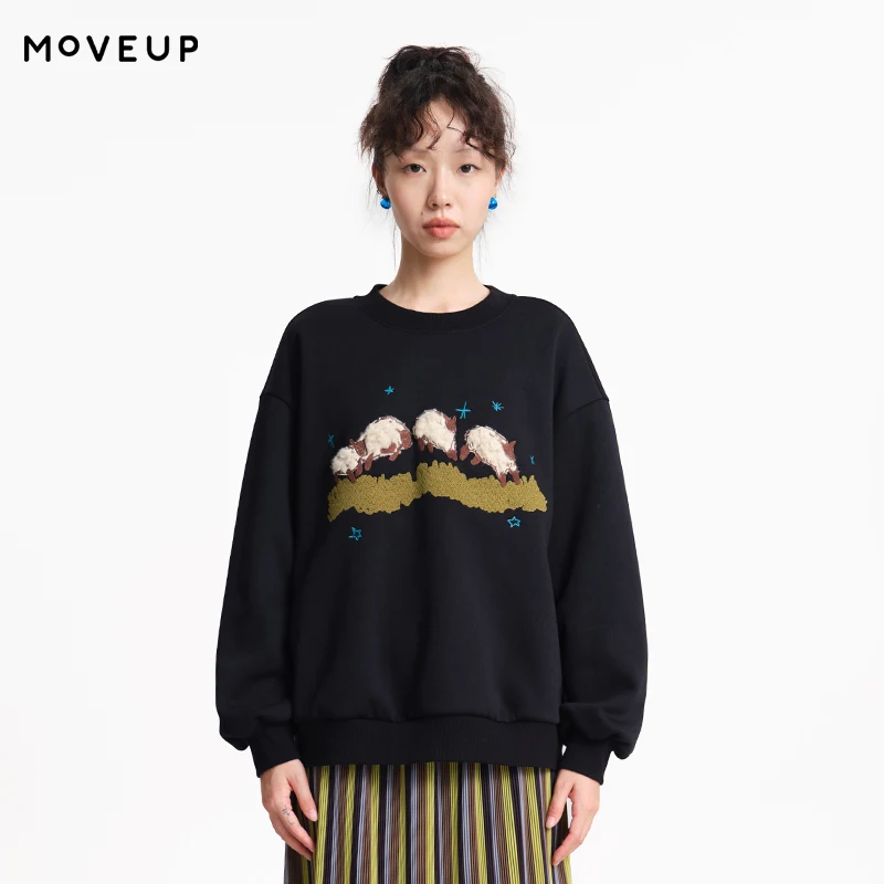 MOVEUP Long Sleeved Round Neck Design Pullover Winter Flock Patch Embroidered Drop Sleeves Warm Sweatshirts For Women 3EWD11418