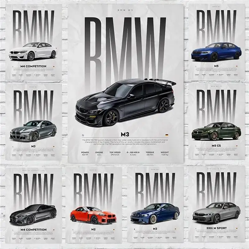 الفاخرة BMW السوبر سيارات المشارك طباعة أسود أبيض أزرق برتقالي الرسم على لوحات القماش الجدارية للمنزل ديكور صور سيارة رياضية باردة