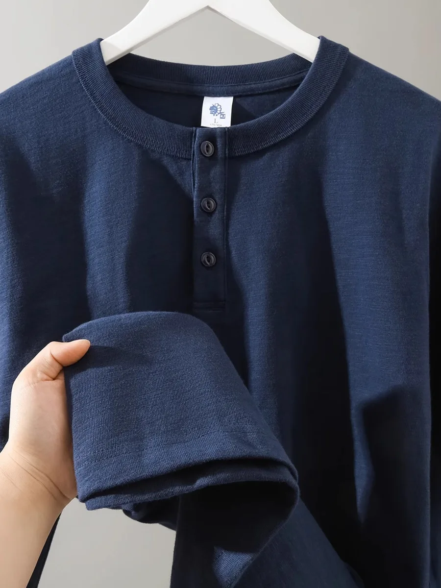 

High Quali Large Size 2300 Pound Pure Cotton Long Sve Henry Collar T-irt Men's Loose Casual round Ne Top for Autumn
