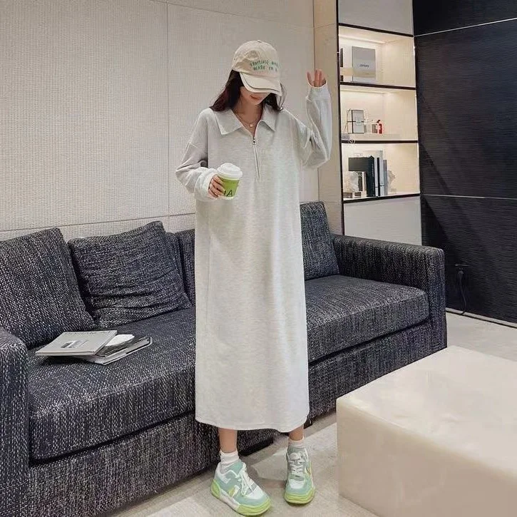 

plus Size Sweatshirt Dress Casual Autumn Women's Style Covering Hips Concealing Meat Lazy Skirt Long Sleeve Mid-Length