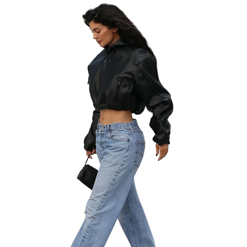 

Women Loose Faux Pu Leather Crop Tops Jackets Spring Fall Zipper Jackets Varsity Bomber Long Sleeve Hoodie Black Jackets Coats