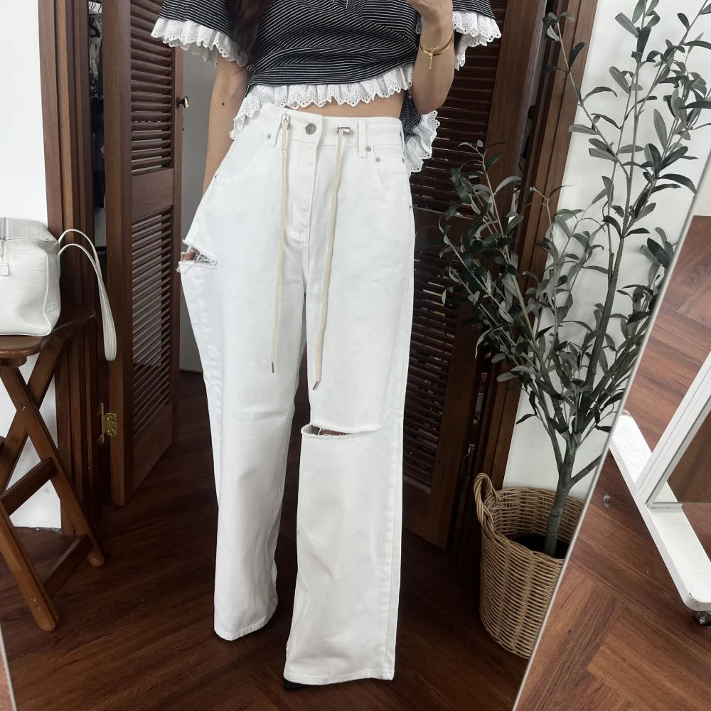 

2026 New Chic Loose Fit Pure Color Jeans High Waist Casual Style Water Washed High Waist Denim Pants Personality Hole Design