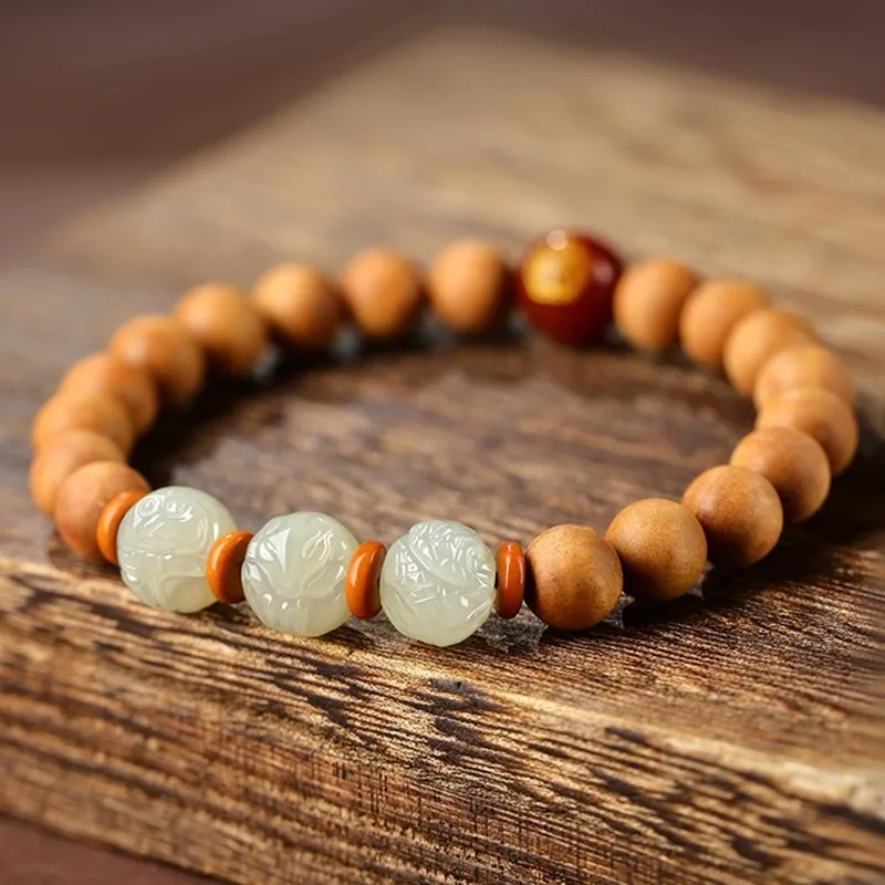 

Natural Old Mountain Sandalwood Men, Hetian Jade Three-In-One Bracelet Women, Lucky Beads For The Year Of Birth, Zodiac Dragon H