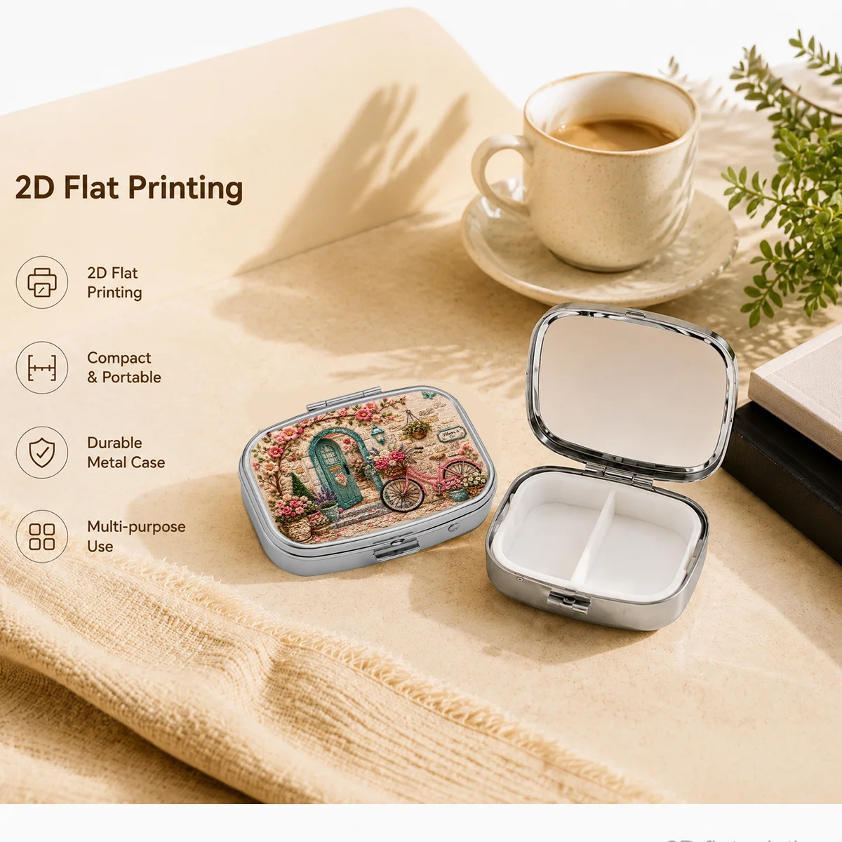 1pc, 2D Flat, Knitted Pink Car Floral Basket Arch Stone House Pattern, Daily Travel Portable Pill Box, Moisture-proof Small Medicine Case, Multifunctional Storage Box for Vitamins and Supplements, Small Jewelry Organizer, Waterproof Pill Container