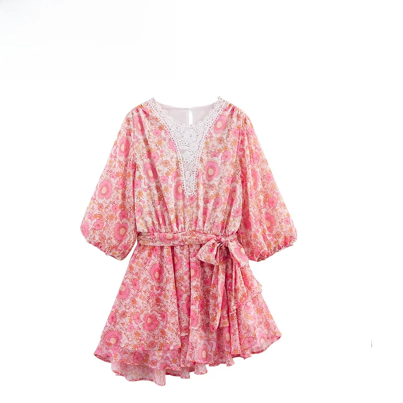 ZBZA primavera nuevo estilo moda mujer dulce estampado Floral vestido con cuello de encaje e cintura suelta manga acam...