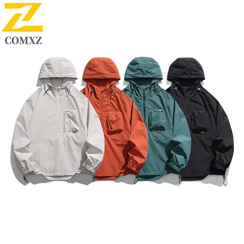 

COMXZ Mens Jacket 2025 Hooded Outdoor Camping Windproof Coat Vintage Hoodie Design Comfortable Lightweight Spring Autumn Wear