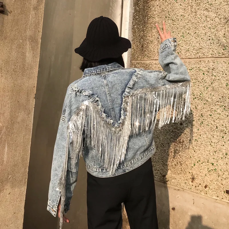 Vintage oversize damskie jeansowa kurtka z frędzlami 2024 jesień Streetwear luźne damskie kurtki płaszcz dżinsowy z długim rękawem