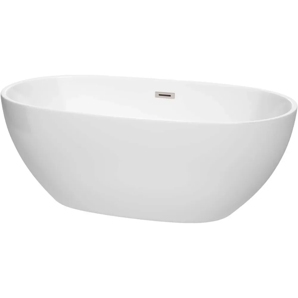 

63" Elegant Freestanding Bathtub in Pure White, Featuring Brushed Nickel Drain & Overflow Trim for a Luxuriou Soaking Experience