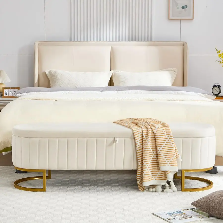 Banc ottoman, 63 bancs d'extrémité de lit en velours, banc de chambre à coucher King Size avec pieds en métal doré, banc de rangement rembourré pour chambre à coucher