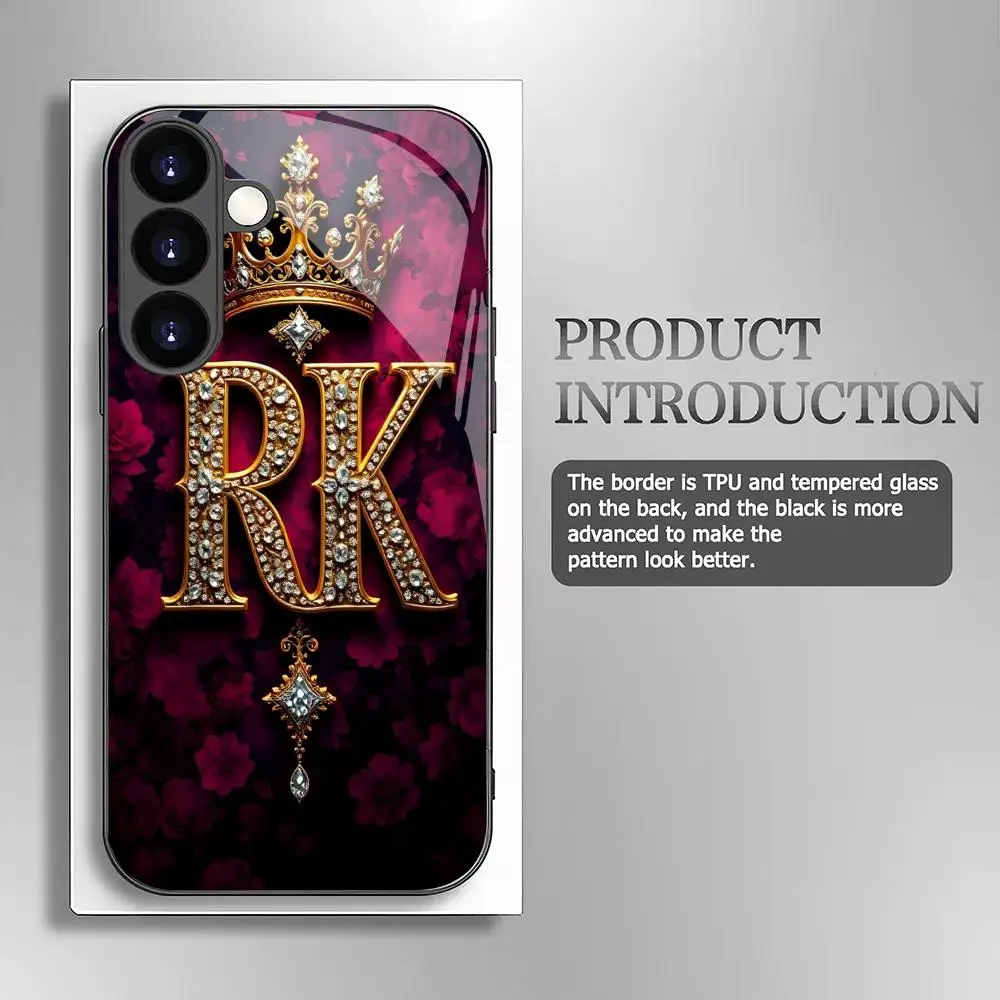 Letter RK tempered glass phone case suitable for Samsung Galaxy S26 S25 S24 S22 S21 S20 FE/Ultra/Plus anti drop back cover