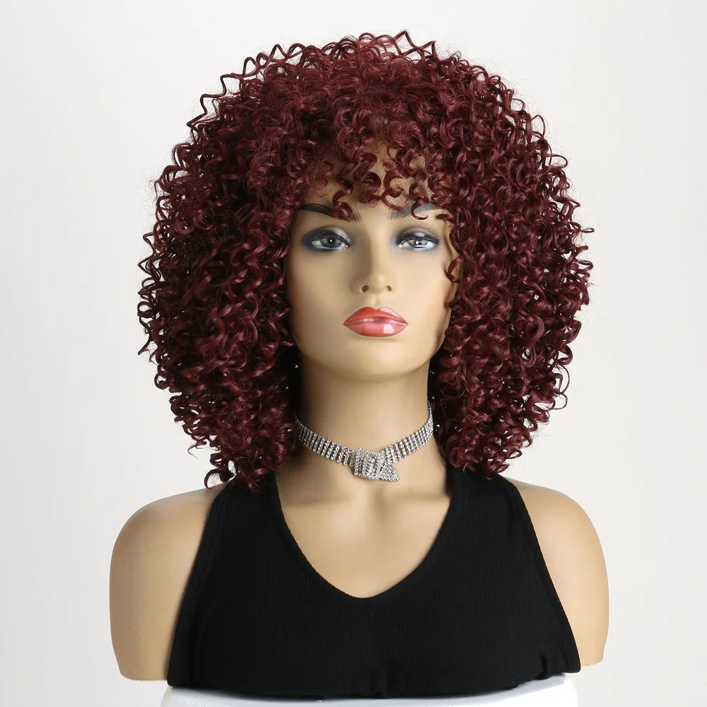 

Short Afro Kinky Curly Wigs With Bangs For Black Women Burgundy Wig Synthetic Wine Red Hair Heat Resistant Fiber Daily Party Use