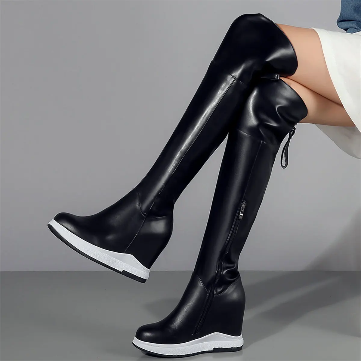 Pumps Plus Size Shoes Women Genuine Leather Wedges High Heel Over The Knee Snow Boots Female Round Toe Sneakers Big Size Shoes