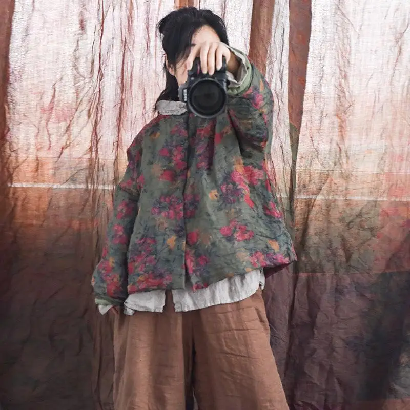 

Оригинальная домашняя женская свободная винтажная одежда с принтом рами, однобортная утепленная куртка в национальном стиле 4300