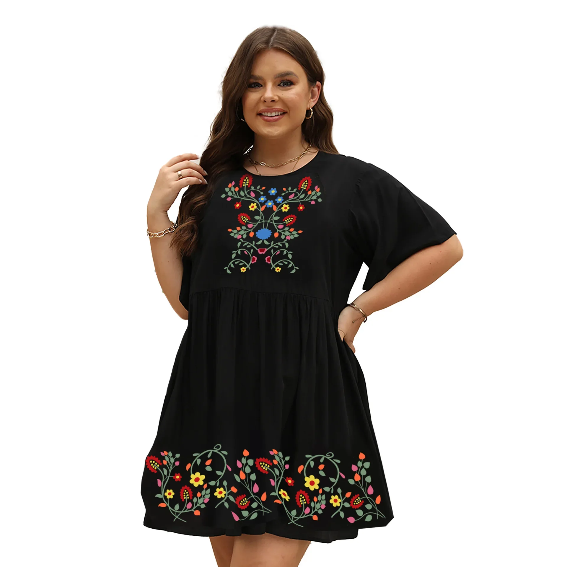 Eveovni Boho Embroidered Dress for Women Tradition Mexican Peasant Dresses Bohemian Skirts Plus Size Hippie Casual Tunic