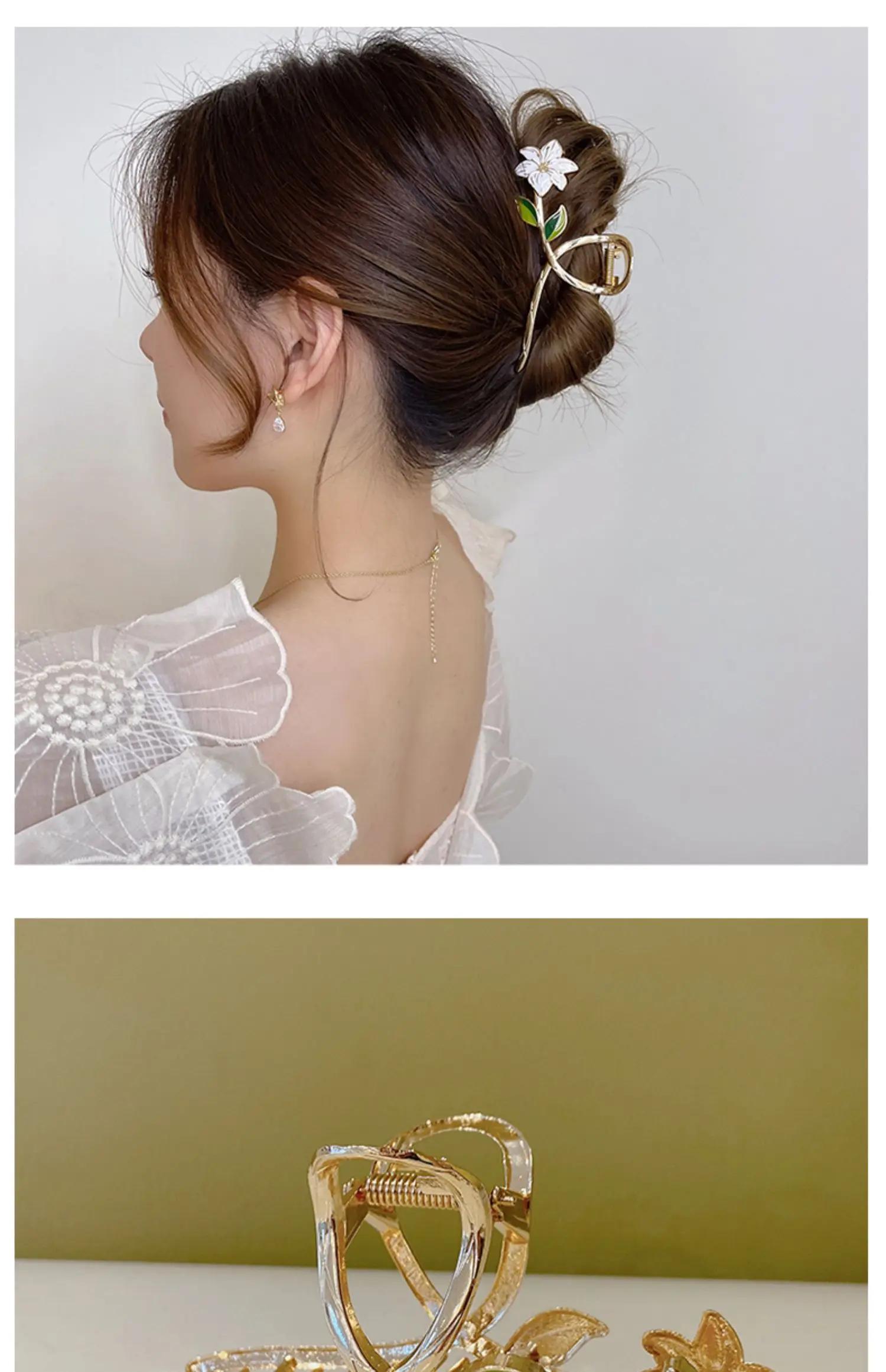 Neue Damen-Haarspange aus Metall, elegante goldene Blumen-Haarspangen, Haarklammer, Krabben-Haarband, Pferdeschwanz-Clip, Kopfschmuck, Haaraccessoires, Tiara – Detail 13