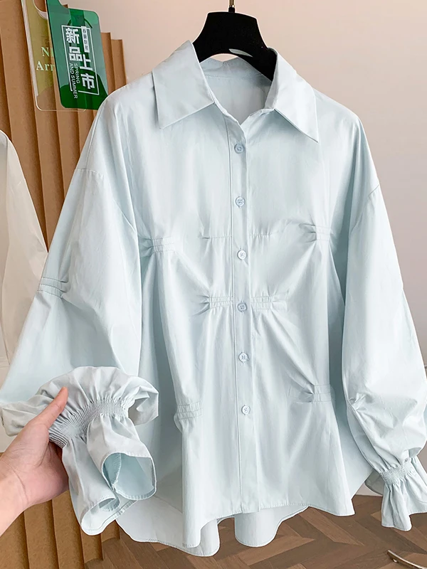 

Loose Casual Women's irt Spring Autumn Pure Color Pleated Bell Sve Breathable Comfortable Long Sve Collar Button up