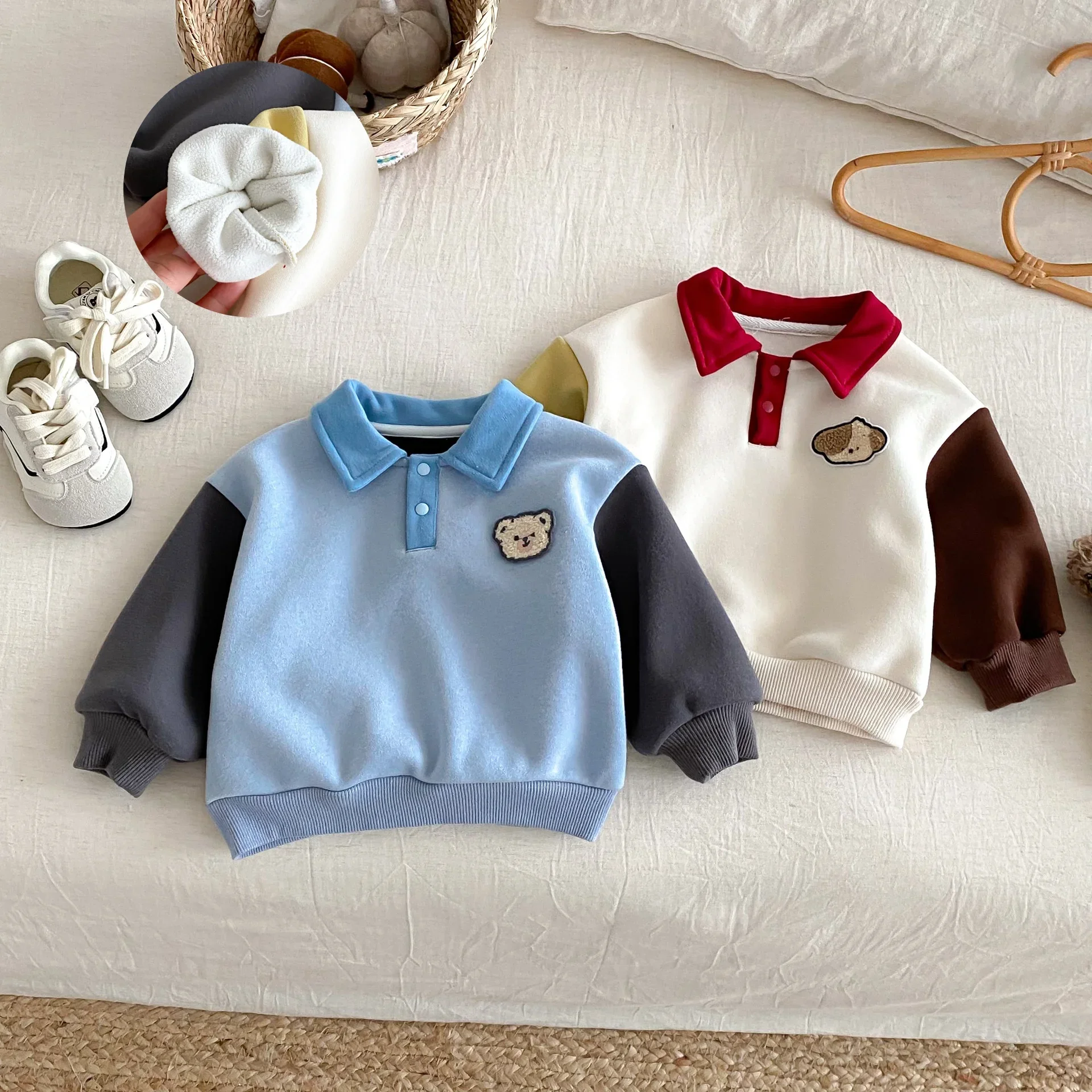 

2025 Kids Clothes Cotton Fleece-Lined Sweatshirt Cartoon Patchwork POLO Collar Warm Pullover Outwear for 0-5Y Children Boy Top